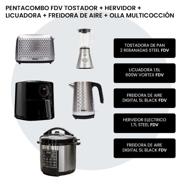 Pentacombo FDV Tostador + Hervidor + Licuadora + Freidora de Aire + Olla Multicocción