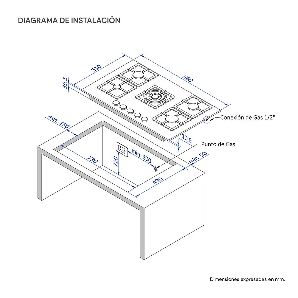COCINA EMPOTRABLE SOLE 5Q TOP VIDRIO SOLCO041GN CAMPANA VENUS PLUS 90 CM VIDRIO + HERVIDOR - Image 5