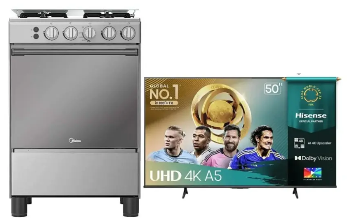 COCINA MIDEA 24" MGS24 4 HORNILLAS HIERRO +TELEVISOR HISENSE 50" QLED VIDAA +TELEVISOR HISENSE 50" QLED VIDAA