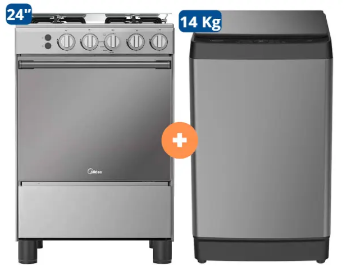 COCINA MIDEA 24" MGS24 4 HORNILLAS HIERRO + LAVADORA HISENSE CARGA SUPERIOR 14KG WT3K1423UT Gris medio + CONEXIÓN + LAVADORA HISENSE CARGA SUPERIOR 14KG WT3K1423UT Gris medio