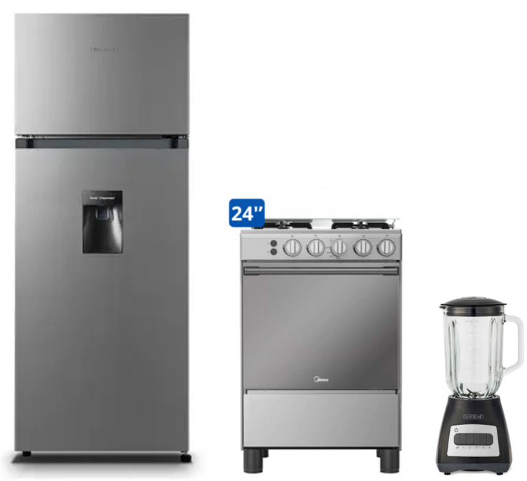 COCINA MIDEA 24" MGS24 4 HORNILLAS HIERRO + LICUADORA WHITELINE 1.5 LTS 400W VASO VIDRIO + REFRIGERADORA HISENSE 205 LTS C/DISPENSER TOP MOUNT RD 267 H GRIS + CONEXIÓN + + REFRIGERADORA HISENSE 205 LTS C/DISPENSER TOP MOUNT RD 267 H GRIS + LICUADORA WHITELINE 1.5 LTS 400W VASO VIDRIO
