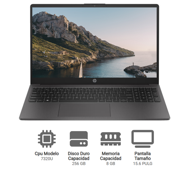 LAPTOP HP NOTEBOOK 250G10 15.6" HD, AMD RYZEN 3 7320U(4N/8SUB), 8GB -LPDDR5, 256GB SSD, WINDOWS 11, COLOR: GRIS, WIFI6. +