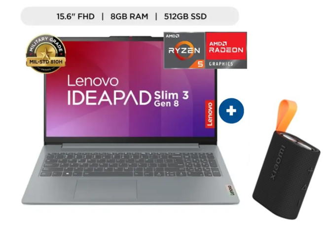 LAPTOP LENOVO IDEAPAD SLIM 3, 15.6"fhd RYZEN 5 7520 (4n/8SUB) 2.8Ghz a 4.3Ghz, 8GB, 512GB SSD, WINDOWS 11, C. Artic Grey + Parlante XIAOMI SOUND POCKET NEGRO 5w, IP67, 10 horas + Parlante XIAOMI SOUND POCKET NEGRO 5w, IP67, 10 horas
