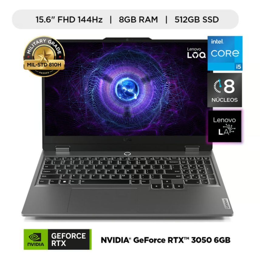 LAPTOP GAMER LENOVO LOQ, INTEL CORE i5 ‑12450HX (8n/12sub caché) , 8 GB ddr5‑4800, 512GB ssd, 15.6" FHD IPS 144hz, NVIDIA GEFORCE RTX 3050‑6GB, teclado retroiluminado, 15IAX9, Windows 11, color:Luna Grey, Wifi6, 1hdmi, 1 Rj45, 3 usb, 1 usbC. +