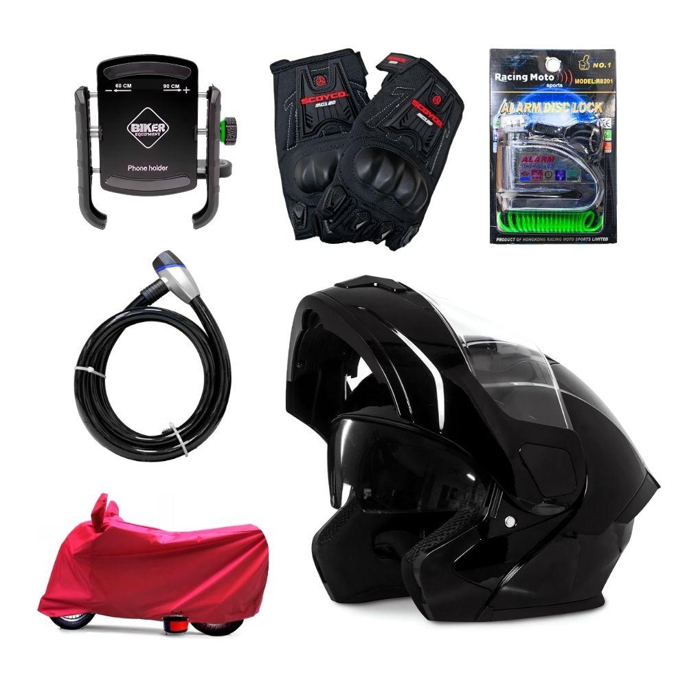 PACK MOTERO 3 (CADENA, CANDADO, COBERTOS, PORTA CELULAR, GUANTES, CASCO KRATOS INTEGRAL ABATIBLE NEGRO)
