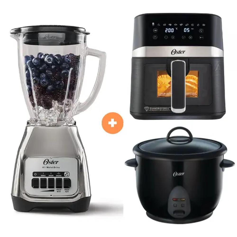 LICUADORA OSTER KALIMAN 2 VEL. VASO VIDRIO 1.5 LT C.NIQUEL, BLSTKAG-NPB-053 + FREIDORA DE AIRE DIGITAL OSTER 4 LTS CON LUZ Y VENTANA + OLLA ARROCERA OSTER 1.8 LTS. NEGRA CKSTRC1700B053